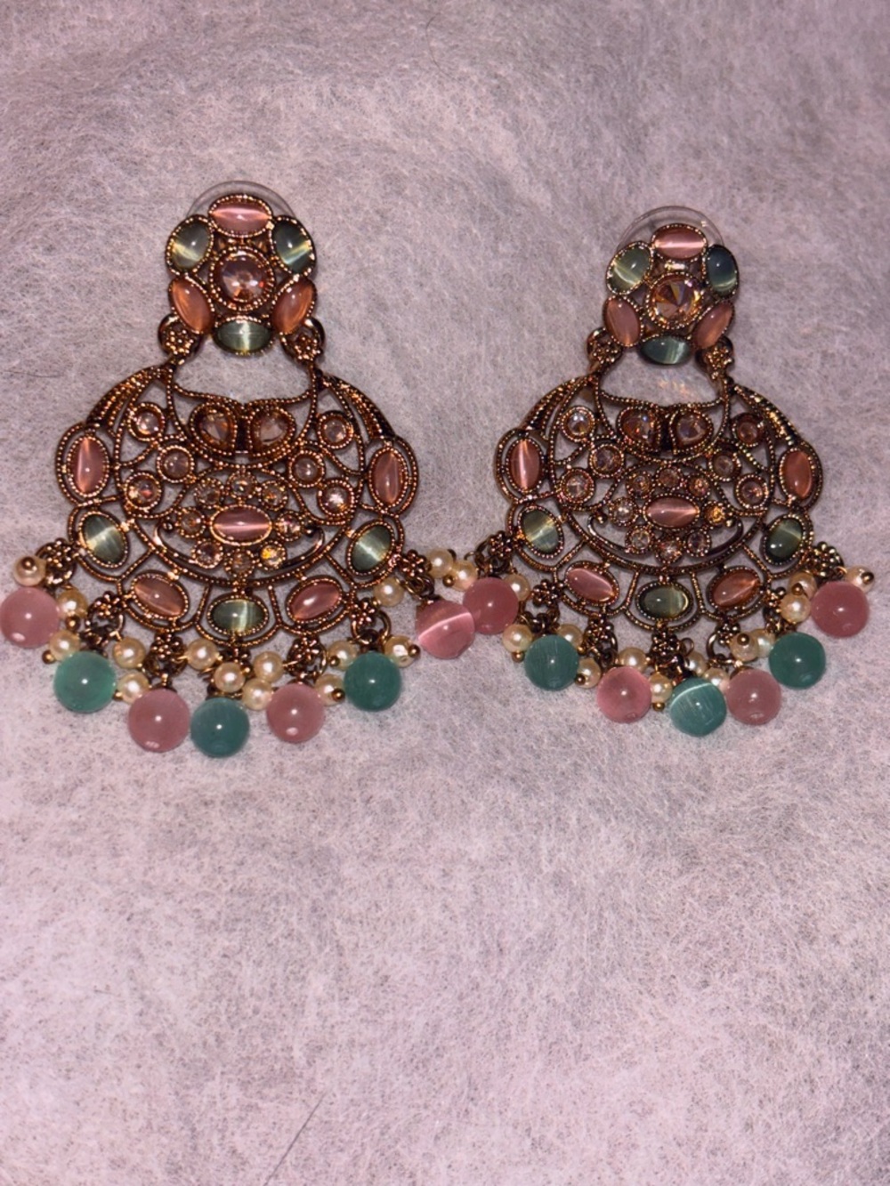 Gold Chandbali Earrings with Pink & Mint Semi Precious Gemstones - Indopak Desi